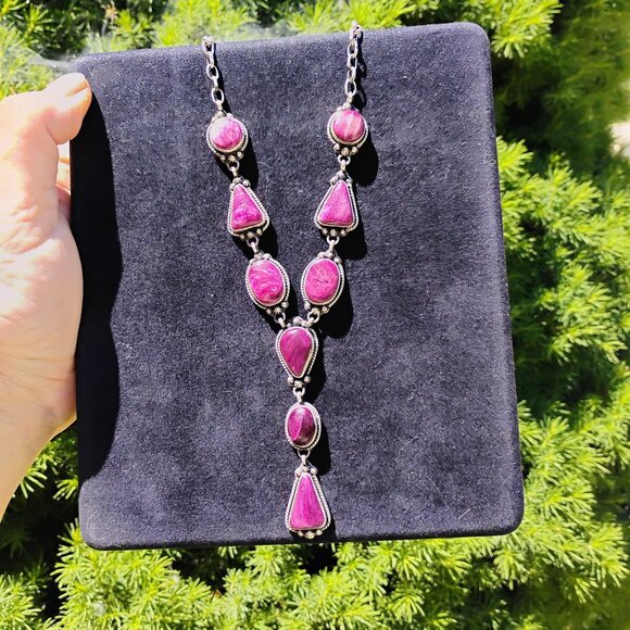 Southwest Purple Spiny Oyster Shell Sterling Silver Lariat Necklace Adjustable - Picture 3 of 8